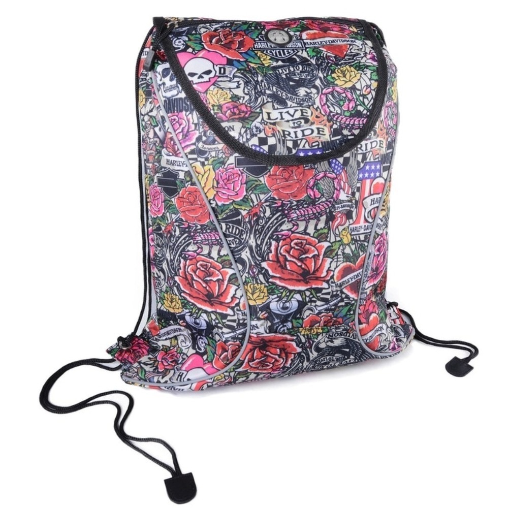 Harley-Davidson Tattoo Print Drawstring Backpack Athalon Sportgear Skulls Roses
